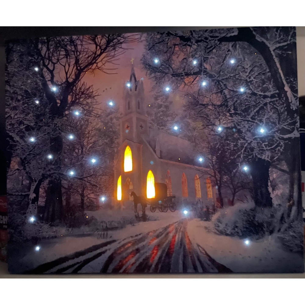 Lighted Winter Church Scene LED Canvas Wall Art Horse Carriage Holiday - Picture 3 of 15